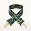 Close-up of geometric pattern bag strap with gold metal lobster clasps and buckles - Colorful