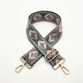Close-up of pink and green diamond pattern fabric bag strap with gold swivel hooks - a18 Pink Green