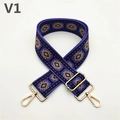 Close-up of ethnic style wide purple strap with geometric patterns and gold metal buckles - Purple (V1)