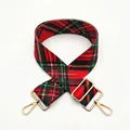 Adjustable red and green plaid canvas bag strap with gold metal hooks and buckle - Red Check