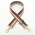 Macro detail of adjustable colorful striped bag strap with gold metal hooks and buckle - No.21 Light Coffee