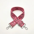 Close-up of pink floral pattern bag strap with silver metal swivel hooks and adjuster - Hot Pink With Silver Buckle