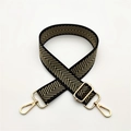 Close-up of herringbone pattern woven bag strap with adjustable gold metal buckle - Gold Thread