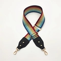 Adjustable rainbow striped wide purse strap with gold metal hardware and PU leather ends - Colorful with Black Leather