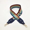 Rainbow striped wide bag strap with gold glitter weaving and navy blue leather ends - Multicolor + Blue Leather