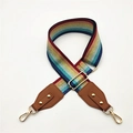 Close-up of rainbow striped woven shoulder strap with gold lobster clasps and leather trim - Colorful with Brown Leather