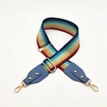 Close-up of rainbow striped bag strap with metallic luster and gold hardware - Multicolor + Lake Blue Leather