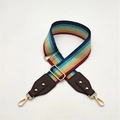 Close-up of rainbow striped wide strap with dark brown leather ends and gold metal buckle - Multicolor + Coffee Leather