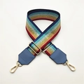 Adjustable rainbow striped wide bag strap with blue leather ends and gold metal clips - Lake Blue