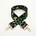 Detail of green leopard print wide bag strap with gold metal buckles and swivel hooks - No.39 Green Leopard (Silver Buckle)