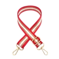 Detail of adjustable woven purse strap with red white and gold metallic stripes - Red