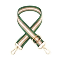 Detail view of striped nylon bag strap with green and gold glitter threads and gold hardware - Green