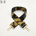 Close-up of camouflage wide bag strap with golden metal lobster clasps and buckle - S-3 Yellow Black Dark Gray Camouflage