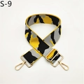 Close-up of adjustable camo shoulder strap with gold metal lobster clasps and buckles - S-9 Bright Yellow Black Light Gray Camouflage