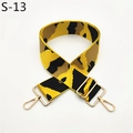 Close-up of a wide adjustable camouflage shoulder strap with golden metal swivel hooks - S-13 Yellow Black Brown Geometric Camouflage