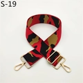 Detail of adjustable camouflage bag strap with gold metal lobster clasps on white background - S-19 Red Black Brown Geometric Pattern