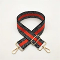 Adjustable black and white pixelated woven strap with red stripes and gold metal hooks - Orange With Gold Buckle