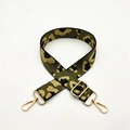 Detail of adjustable leopard print bag strap with golden metal swivel hooks and buckles - Green Webbing with Silver Buckle