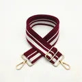 Detail of adjustable burgundy and white striped wide strap with gold-tone metal hardware - Purple (Style 13)