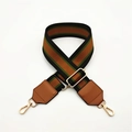 Detail view of adjustable striped PU leather shoulder strap with gold metal lobster clasps - Black Green Stripes Brown Leather