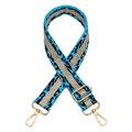 Detail of blue leopard print bag strap with pink accents and gold metallic weaving - Blue Rose Red Spot Silver Buckle