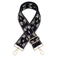 Detailed view of adjustable ethnic style wide bag strap with navy floral embroidery - V-7 Black Beige Morning Glory / Silver Clasp