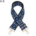 Detail view of ethnic jacquard strap with blue floral embroidery and gold metal hardware - Silver Clasp / Black Background Blue Flower (X-8)
