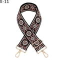 Detail view of ethnic jacquard strap with pink floral embroidery and golden metal hooks - Silver Clasp / Black Background Cream Flower (X-11)