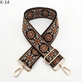 Close-up of bohemian ethnic jacquard bag strap with golden metal swivel hooks and buckles - Black Background Brown Flower (X-14)