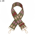 Macro detail of adjustable woven bag strap with green pink argyle pattern and gold buckle - Army Green (L-18)