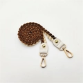 Detail of woven boho bag strap with gold threads and metallic lobster clasp hooks - 80cm Length / Brown