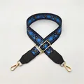 Close-up of ethnic style blue and yellow floral wide shoulder strap with gold metal hooks - Blue Diamond with Black Leather (Style 8) / Silver Clasp