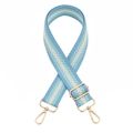 Close-up of blue and white woven shoulder strap with gold lobster clasps and adjustment buckle - Lake Blue Gold Buckle