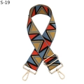 Detail view of woven geometric pattern strap with adjustable gold buckle and swivel hooks - Silver Clasp / Black Yellow Orange Lake Blue Triangle (S-19)