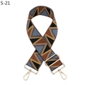 Macro detail of geometric patterned wide bag strap with gold metal hooks and buckle - Silver Clasp / Black Brown Lake Blue Triangle (S-21)