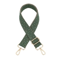 Detail view of woven diamond pattern bag strap with adjustable golden lobster clasps - Green