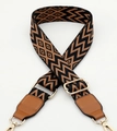 Ethnic wide bag strap with brown PU leather and geometric weaving pattern - Black Brown with Brown Leather (Style 15) / Silver Clasp