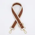 Adjustable wide woven shoulder strap with brown chevron pattern and gold metal hooks - Khaki Border Brown