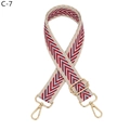 Detail of widened thick jacquard bag strap with red and blue chevron pattern and gold hooks - Khaki Border Red