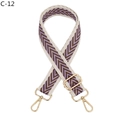 Detail of adjustable purple and brown woven guitar strap with gold swivel snap hooks - Khaki Border Purple