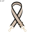 Detail of adjustable woven jacquard strap with gold-tone swivel hooks and slider buckle - Khaki with Black Trim