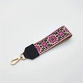 Ethnic style embroidered wrist strap with floral patterns and golden metal clasp for handbags - Silver Clasp / Rose Red Floral On Khaki