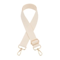 Macro detail of beige thickened canvas bag strap with golden metal swivel hooks - Off White