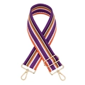 Macro detail of adjustable colorful ethnic canvas shoulder strap with gold metal lobster clasp - Purple Orange Striped Gold Buckle