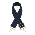 Detail view of navy blue fabric strap with adjustable gold metal buckle and hooks - Blue