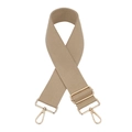 Detail of wide khaki woven bag strap with adjustable light gold metal buckles and lobster clips - Khaki