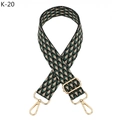 Close-up of adjustable woven shoulder strap with green peacock jacquard pattern and gold hooks - K-20