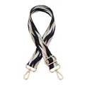 Close-up of geometric striped woven strap with gold metal hooks and adjustable buckle - Style 10 Black-Blue-Beige (Silver Buckle)