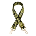 Close-up of adjustable woven shoulder strap with black yellow geometric patterns and gold clips - Silver Clasp / Black and Yellow