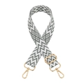 Close-up of gray and white geometric canvas bag strap with golden hardware - Silver Clasp / Smoke